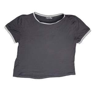 Level Up Women's Black Ringer Cropped Baby Tee with Stripe Detail